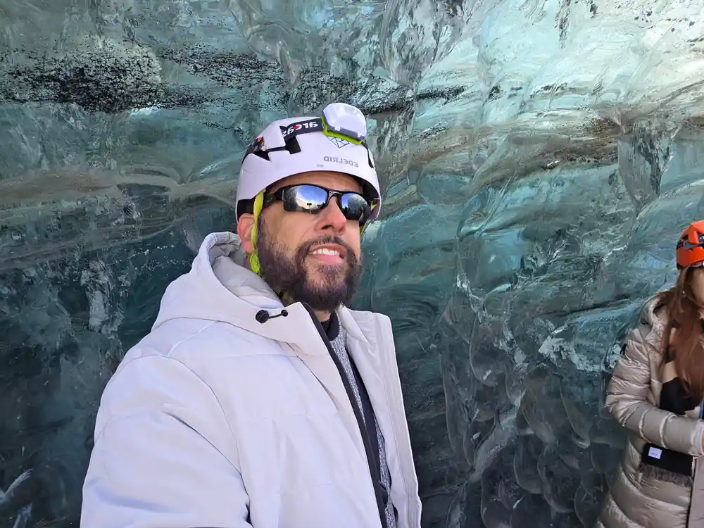 Carved ice formation with blue tinted surfaces