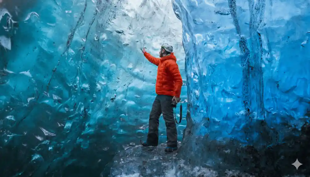 Person in red jacket with arms raised in ice cave