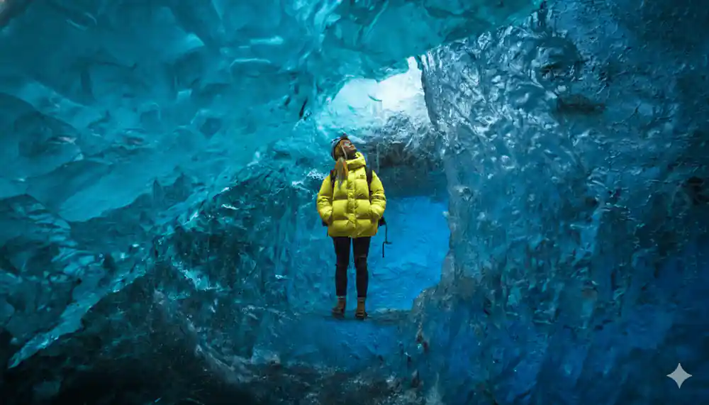 Person in yellow standing inside large blue ice cave